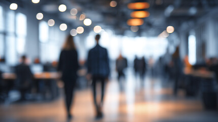 Blurred office environment with people walking and working, creating busy and dynamic atmosphere with warm lighting and modern interior design