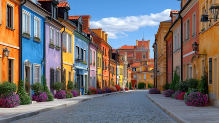 The image shows a beautiful European old town street lined with colorful houses painted in vibrant shades of orange, blue, yellow, and red. The cobblestone street is adorned with lush green plants and