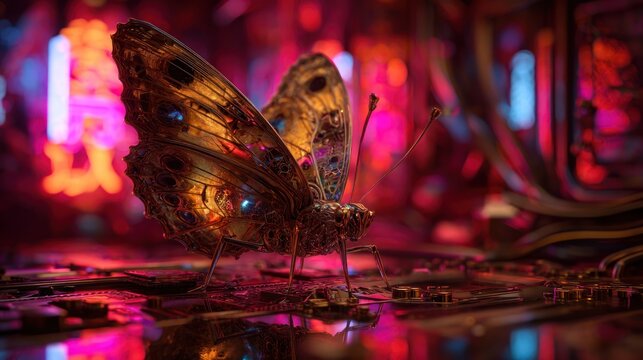 Futuristic butterfly composed of intricate metal and circuit board details in neon light
