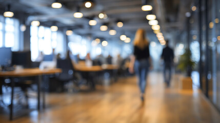 Modern office interior with blurred people walking and working, creating busy and dynamic atmosphere with warm lighting and wooden floor