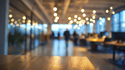 Blurred office interior with wooden table in foreground and warm lighting, creating cozy and professional atmosphere with people working in background