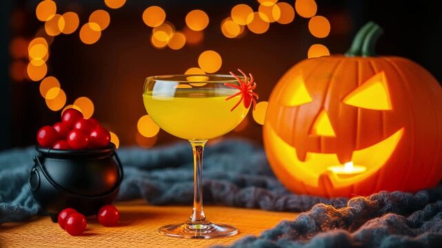 Halloween cocktail with pumpkin and cauldron full of berries