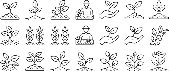 Growing plants and gardening icons in a clean line art style sprout seedling