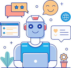 Artificial Intelligence Chatbot Collecting Customer Feedback &ndash; Flat Vector Illustration for Survey, Review, and User Experience Concept