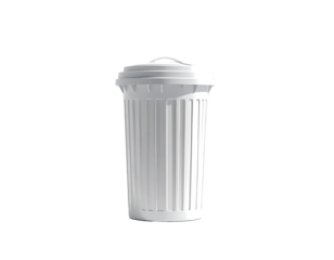 A tall, cylindrical white trash can with a slightly domed lid and vertical ribbed detailing, isolated on a black background