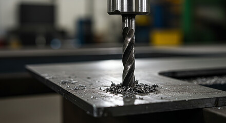 Metal drill bit cutting through steel plate in manufacturing workshop  
