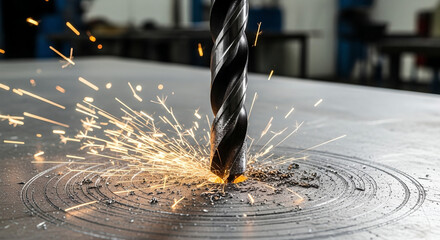 Drill bit cutting metal and creating sparks in workshop environment  