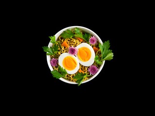 Delicious noodle bowl with eggs and edible flowers on a black background for advertising