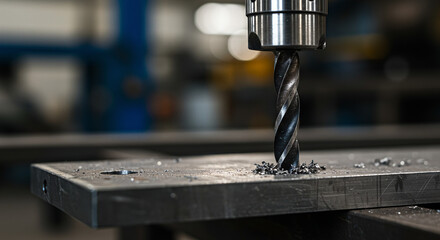Metal drill bit cutting through steel plate in industrial workshop  