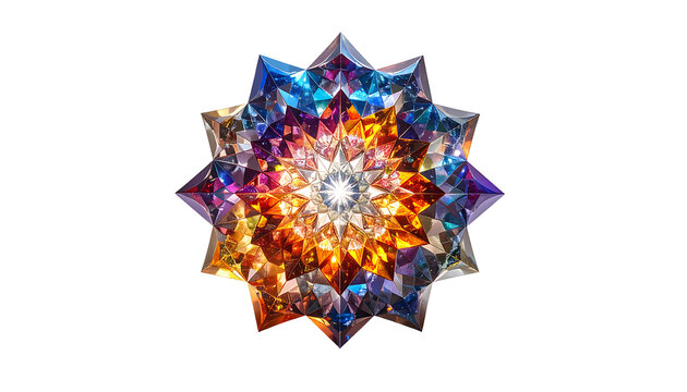A vibrant, multifaceted starburst design with a kaleidoscopic effect, radiating from a bright center in warm and cool hues against a black background