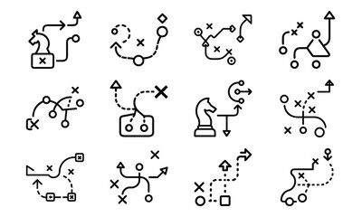 Business Office Line Icons Set – Workplace, Communication, Project Management, Report, Team Meeting, Call Center, ID Card, File Document, Checklist, Strategy Presentation, Minimal Outline Vector Illus