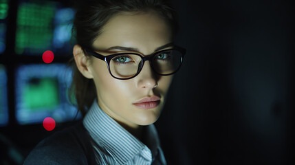 A woman wearing glasses and a striped shirt in a dimly lit room with digital screens in the background.