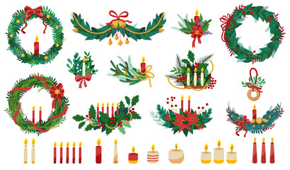 Christmas wreath and candles. Cartoon advent burning candlelight and xmas fir branches wreath with red bow, pine cons and red berries, holiday religious decor. Vector set