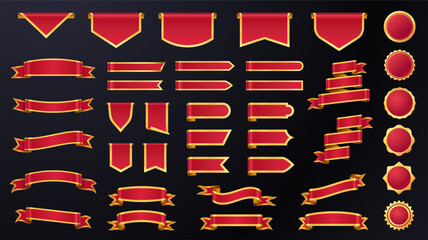 Golden red ribbon label. Luxury premium quality vintage royal badges with decorative scrolls and ribbons, luxury certificate stickers. Vector red gold stamp emblem set