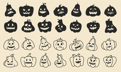 Black Halloween pumpkin. Cute scary cartoon faces on black silhouette pumpkins, funny evil halloween line monster characters expressions. Vector spooky Halloween holiday icons