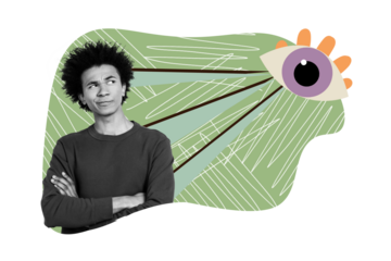 Creative collage picture young man folded hands decide unsure guess eyeball vision stare superintendence watch espionage