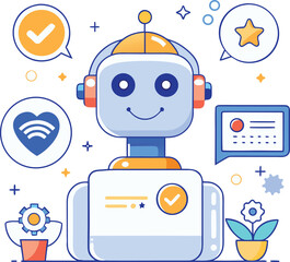 Artificial Intelligence Chatbot Collecting Customer Feedback &ndash; Flat Vector Illustration for Survey, Review, and User Experience Concept