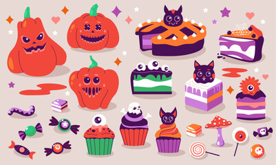 Halloween cakes. Candy cupcake pies cartoon traditional autumn holiday pastries, cute spooky decorated sweet desserts for October party celebration. Vector Halloween isolated set