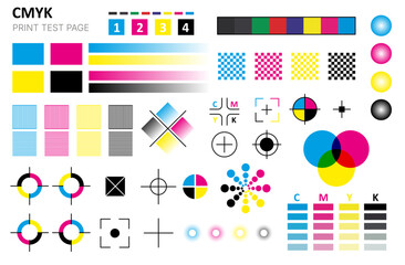 CMYK color print. Calibration and control marks for cyan magenta yellow black ink printing, swatch halftone strips process. Vector print test tables and symbols collection