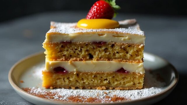 Piece of sweet layer cake Napoleon with custard on a dark concrete background