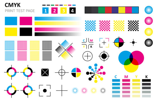 CMYK color print. Calibration and control marks for cyan magenta yellow black ink printing, swatch halftone strips process. Vector print test tables and symbols collection