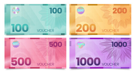 Guilloche banknote vouchers. Elegant gift certificate with security guilloche wave mesh, cheque coupon with watermark and frame design. Vector set