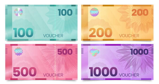 Guilloche banknote vouchers. Elegant gift certificate with security guilloche wave mesh, cheque coupon with watermark and frame design. Vector set