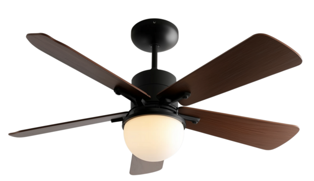 -blade ceiling fan with light, black and walnut wood color finish, product photo on a white background.