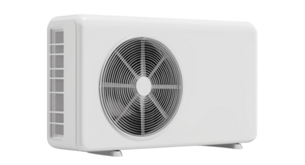 a simple air conditioner with an outdoor unit, white background, front view, product design style