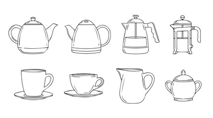 Collection of tea and coffee pots cups and creamer hand drawn sketch style set silhouette