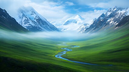 Landscape of green valley with snow capped mountains and winding river is beautiful