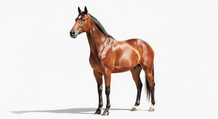 Obraz premium A majestic brown horse with a dark mane stands proudly against a clean white background, showcasing its sleek coat and powerful build.