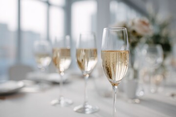 Party and holiday celebration concept. Many glasses of champagne on the table in the restaurant. Waiter pouring white sparkling wine from bottle to glass. Drinks Serving. Weekend festival, wedding