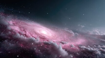 Obraz premium Spiral Galaxy in Deep Space with Glowing Pink Nebula and Swirling Clouds Against a Dark Sky Perfect for Space Exploration and Cosmic Backgrounds