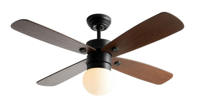 -blade ceiling fan with light, black and walnut wood color finish, product photo on a white background.