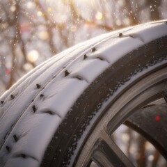 Close-up of the tire structure during a cold, sunny winter.