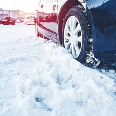 A low winter view of a tire buried in snow on a blue passenger car.