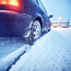 A low winter view of a tire buried in snow on a blue passenger car.