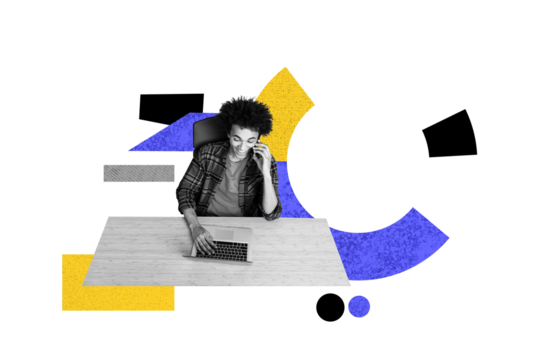 Composite photo collage of happy american man manager speak phone helpline diagram type laptop freelancer isolated on painted background