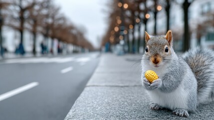 Squirrel Eating Nut on City Sidewalk During Cloudy Day Close Up Wildlife Portrait