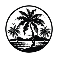 palm trees, tropical landscape, sunset, sailboat, ocean, silhouette, black and white, minimalist, circular frame
