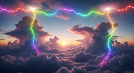 Blue sky and dark clouds collide with a flash of electric lightning, a burst of natural energy in the stormy night