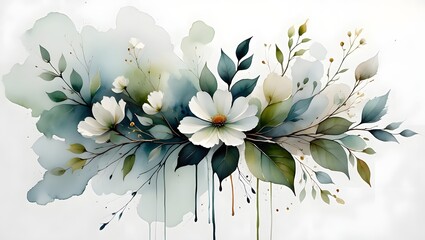 Watercolor floral arrangement with delicate white flowers and flowing green leaves art 90