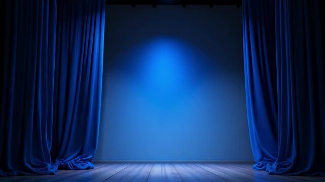 Dramatic blue stage curtains illuminated by spotlights, ready to reveal a captivating performance or presentation, setting a scene of anticipation and elegance.
