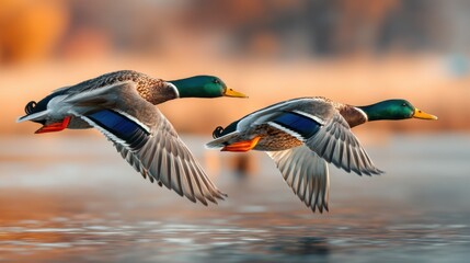 Two mallard ducks in flight over water during golden hour.