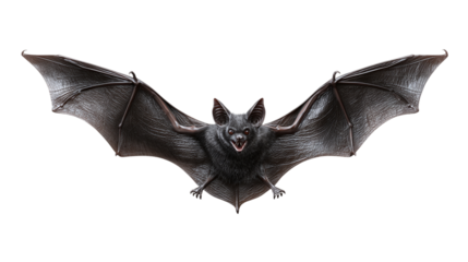 Flying black bat with spread wings, spooky Halloween symbol, isolated on transparent background 
