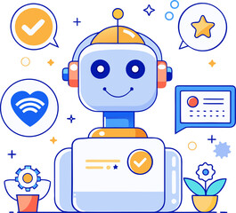 Artificial Intelligence Chatbot Collecting Customer Feedback &ndash; Flat Vector Illustration for Survey, Review, and User Experience Concept
