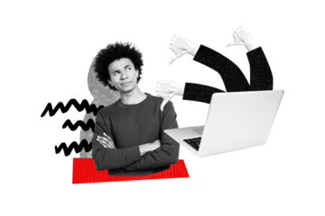 Creative trend collage of sad young man bullying netbook cyber bullying thumb up fantasy billboard comics zine minimal