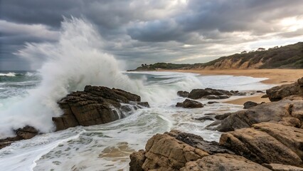 Fototapeta premium A wave crashes against rocks on a beach under a cloudy sky near sand