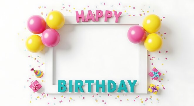 Happy birthday photo frame with balloons and confetti isolated on white background